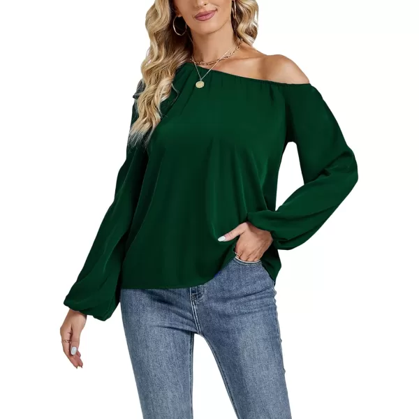 LYANER Women's Off Shoulder Lantern Long Sleeve Blouse Asymmetrical Neck Tie Knot Shirt