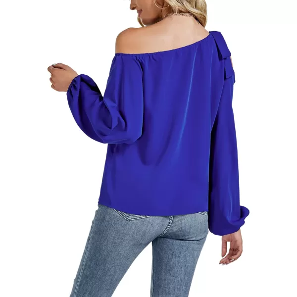 LYANER Women's Off Shoulder Lantern Long Sleeve Blouse Asymmetrical Neck Tie Knot Shirt