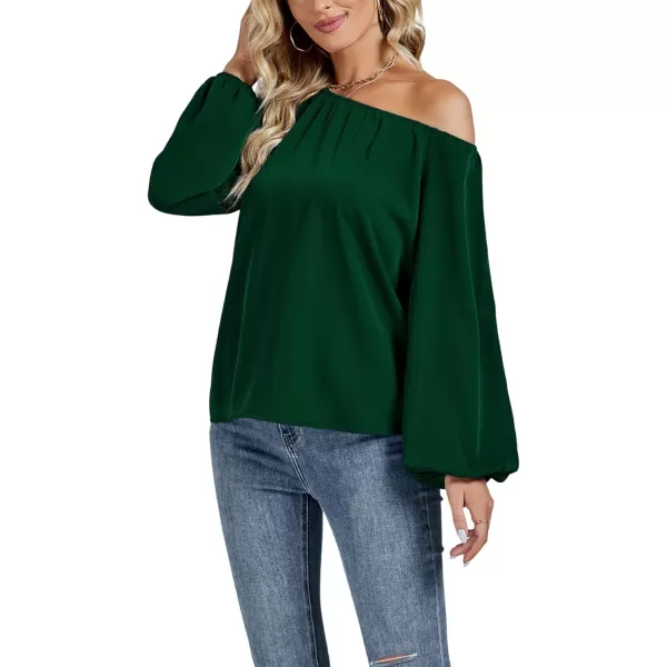 LYANER Women's Off Shoulder Lantern Long Sleeve Blouse Asymmetrical Neck Tie Knot Shirt