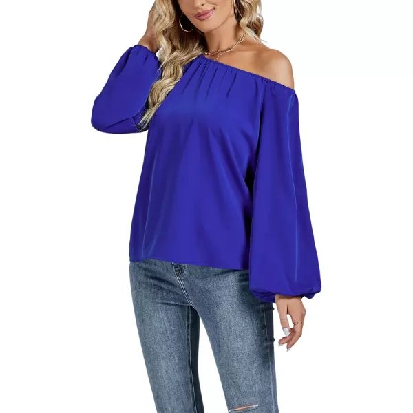 LYANER Women's Off Shoulder Lantern Long Sleeve Blouse Asymmetrical Neck Tie Knot Shirt