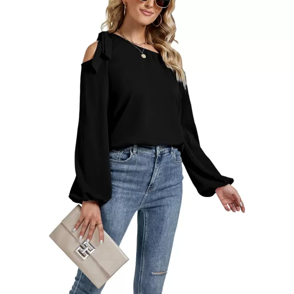 LYANER Women's Off Shoulder Lantern Long Sleeve Blouse Asymmetrical Neck Tie Knot Shirt