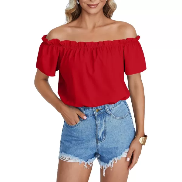 LYANER Women's Off Shoulder Ruffle Short Sleeve Ruched Casual Loose Tops Blouse Shirt