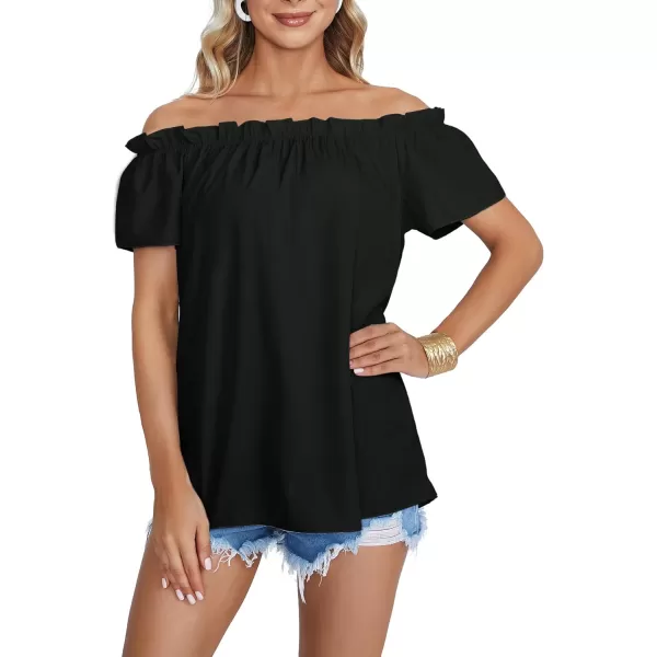 LYANER Women's Off Shoulder Ruffle Short Sleeve Ruched Casual Loose Tops Blouse Shirt