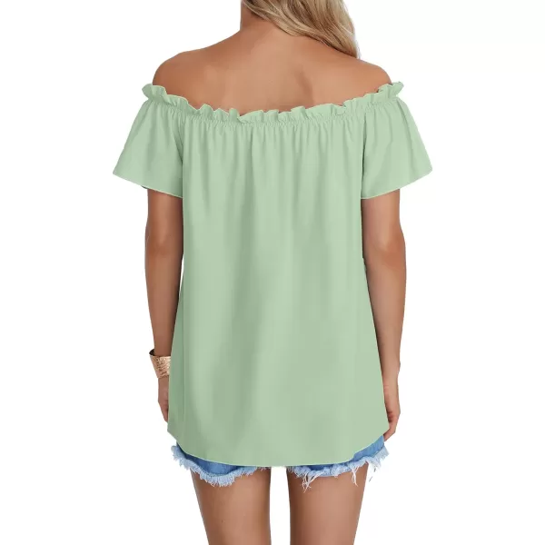 LYANER Women's Off Shoulder Ruffle Short Sleeve Ruched Casual Loose Tops Blouse Shirt
