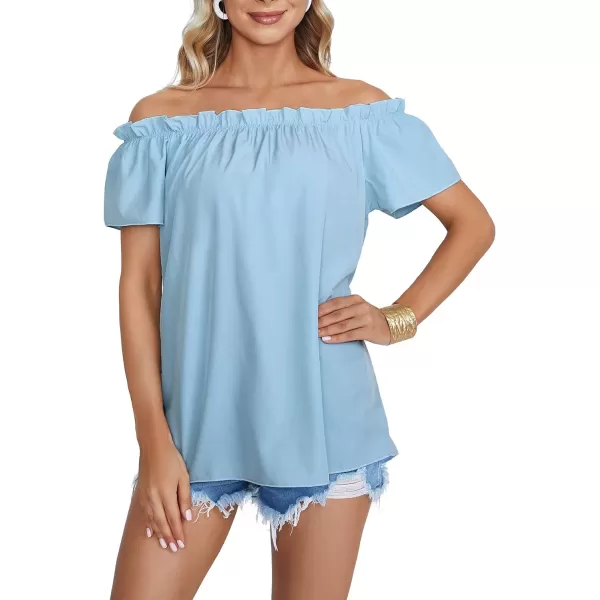 LYANER Women's Off Shoulder Ruffle Short Sleeve Ruched Casual Loose Tops Blouse Shirt