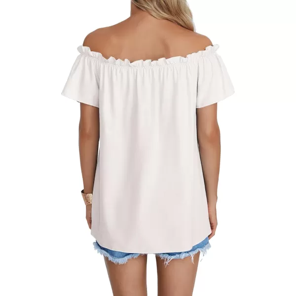 LYANER Women's Off Shoulder Ruffle Short Sleeve Ruched Casual Loose Tops Blouse Shirt