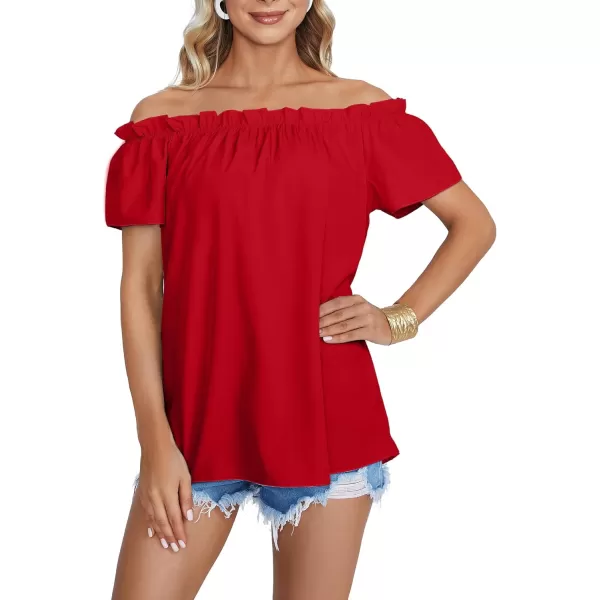 LYANER Women's Off Shoulder Ruffle Short Sleeve Ruched Casual Loose Tops Blouse Shirt