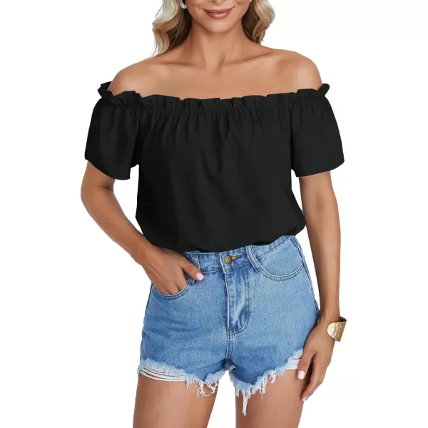 LYANER Women's Off Shoulder Ruffle Short Sleeve Ruched Casual Loose Tops Blouse Shirt