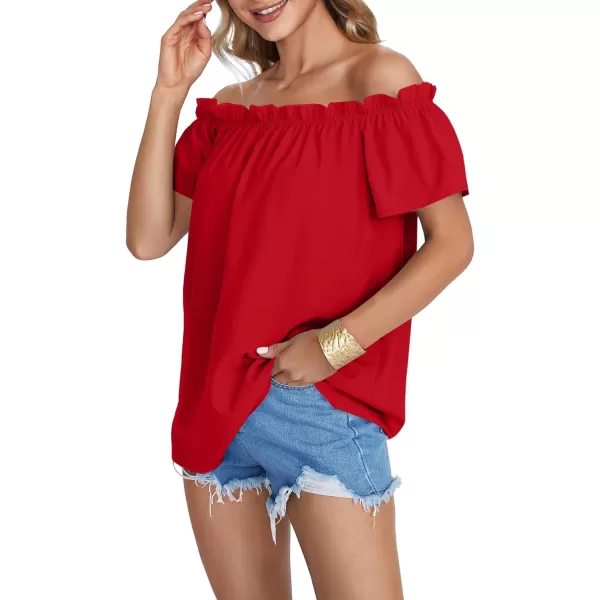 LYANER Women's Off Shoulder Ruffle Short Sleeve Ruched Casual Loose Tops Blouse Shirt