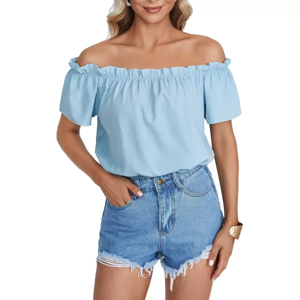LYANER Women's Off Shoulder Ruffle Short Sleeve Ruched Casual Loose Tops Blouse Shirt