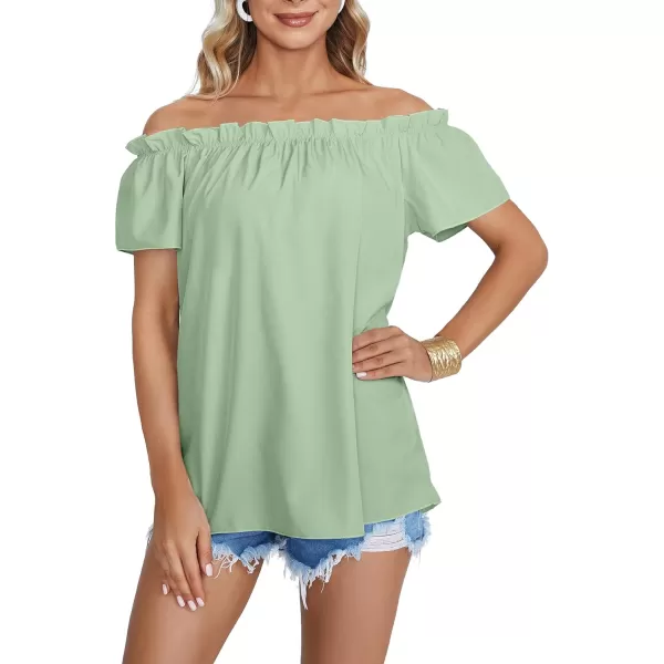 LYANER Women's Off Shoulder Ruffle Short Sleeve Ruched Casual Loose Tops Blouse Shirt