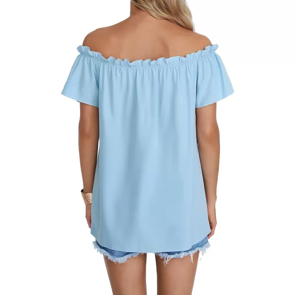 LYANER Women's Off Shoulder Ruffle Short Sleeve Ruched Casual Loose Tops Blouse Shirt