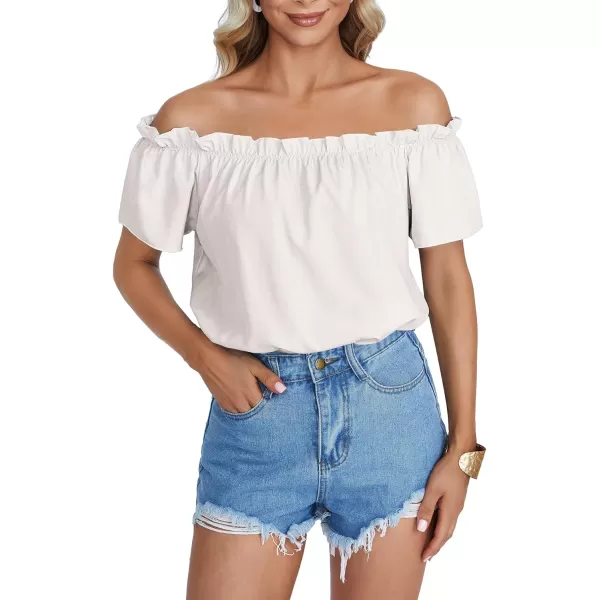 LYANER Women's Off Shoulder Ruffle Short Sleeve Ruched Casual Loose Tops Blouse Shirt