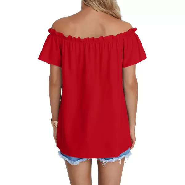 LYANER Women's Off Shoulder Ruffle Short Sleeve Ruched Casual Loose Tops Blouse Shirt