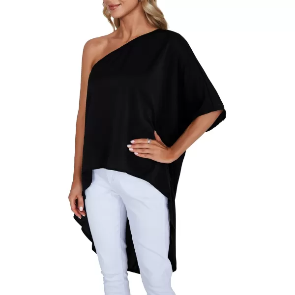 LYANER Women's One Shoulder Batwing Short Sleeve Blouse High Low Hem Long Shirt Top