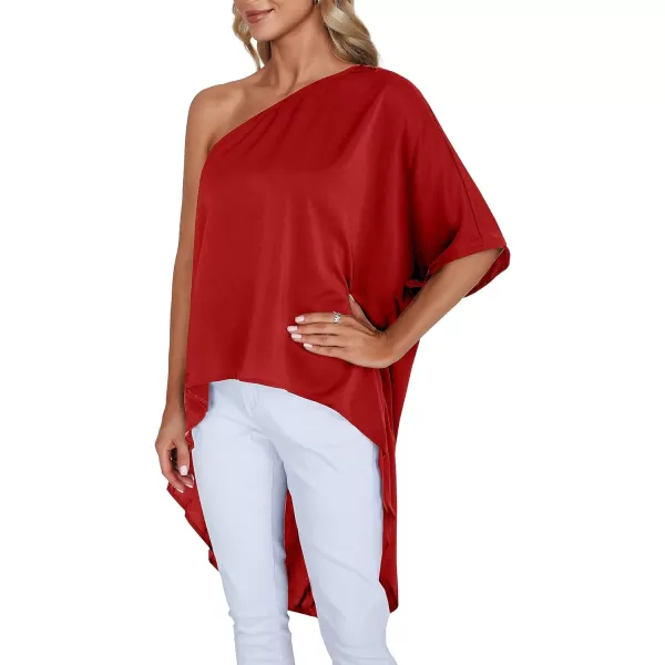 LYANER Women's One Shoulder Batwing Short Sleeve Blouse High Low Hem Long Shirt Top