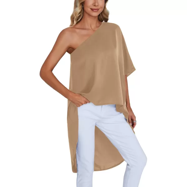 LYANER Women's One Shoulder Batwing Short Sleeve Blouse High Low Hem Long Shirt Top