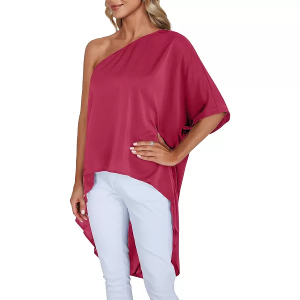 LYANER Women's One Shoulder Batwing Short Sleeve Blouse High Low Hem Long Shirt Top
