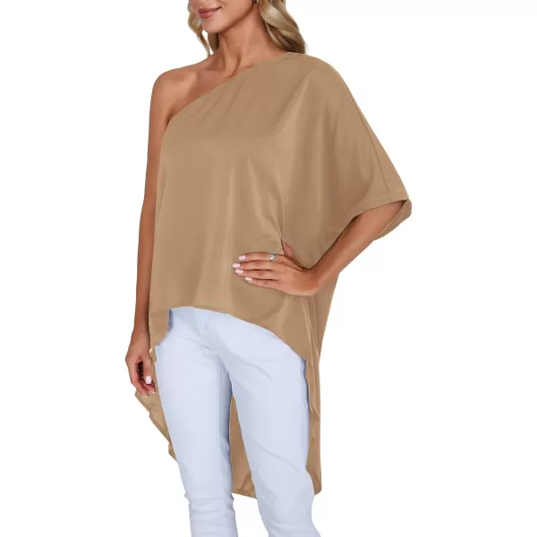 LYANER Women's One Shoulder Batwing Short Sleeve Blouse High Low Hem Long Shirt Top