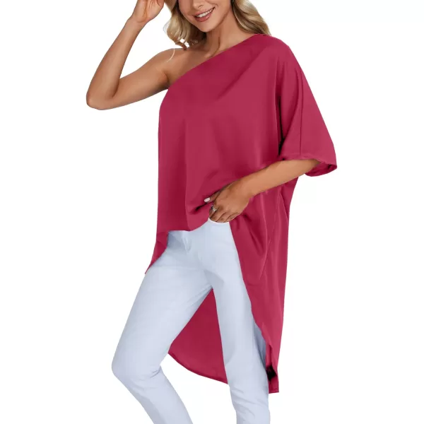 LYANER Women's One Shoulder Batwing Short Sleeve Blouse High Low Hem Long Shirt Top
