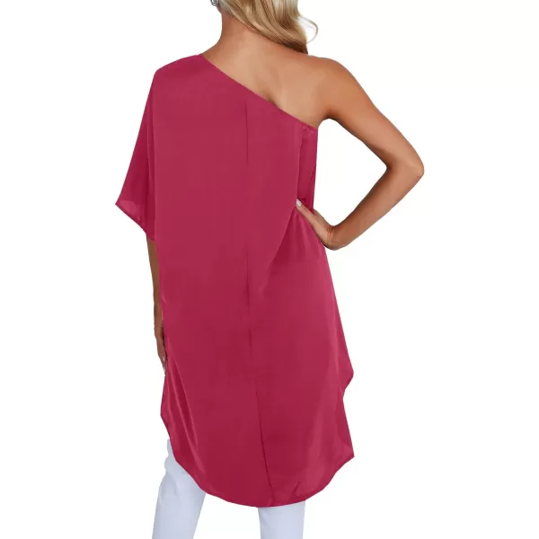 LYANER Women's One Shoulder Batwing Short Sleeve Blouse High Low Hem Long Shirt Top
