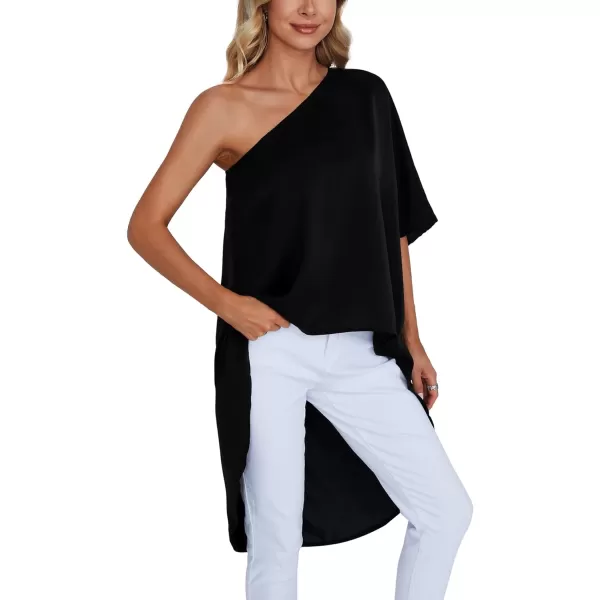 LYANER Women's One Shoulder Batwing Short Sleeve Blouse High Low Hem Long Shirt Top