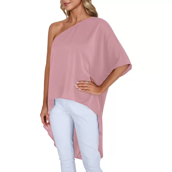 LYANER Women's One Shoulder Batwing Short Sleeve Blouse High Low Hem Long Shirt Top
