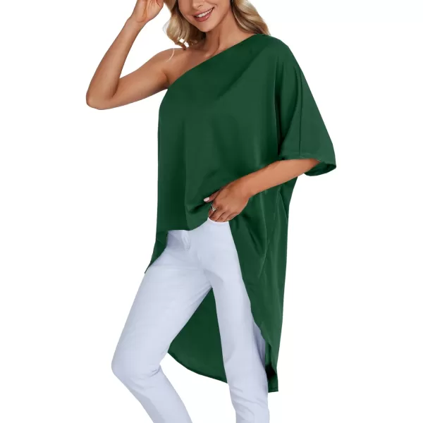 LYANER Women's One Shoulder Batwing Short Sleeve Blouse High Low Hem Long Shirt Top