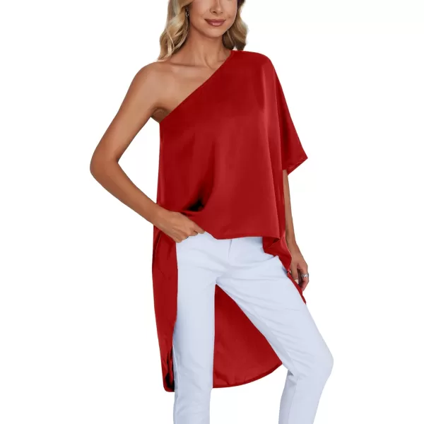 LYANER Women's One Shoulder Batwing Short Sleeve Blouse High Low Hem Long Shirt Top