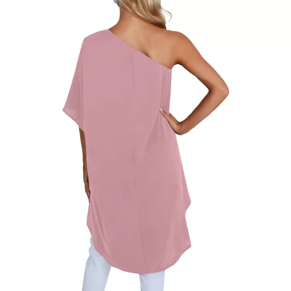 LYANER Women's One Shoulder Batwing Short Sleeve Blouse High Low Hem Long Shirt Top