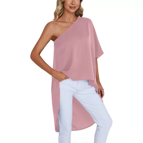 LYANER Women's One Shoulder Batwing Short Sleeve Blouse High Low Hem Long Shirt Top