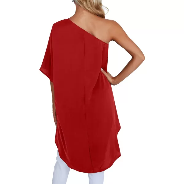 LYANER Women's One Shoulder Batwing Short Sleeve Blouse High Low Hem Long Shirt Top