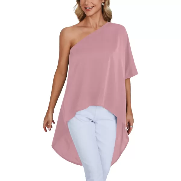 LYANER Women's One Shoulder Batwing Short Sleeve Blouse High Low Hem Long Shirt Top