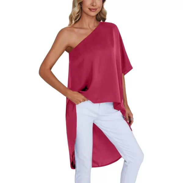 LYANER Women's One Shoulder Batwing Short Sleeve Blouse High Low Hem Long Shirt Top