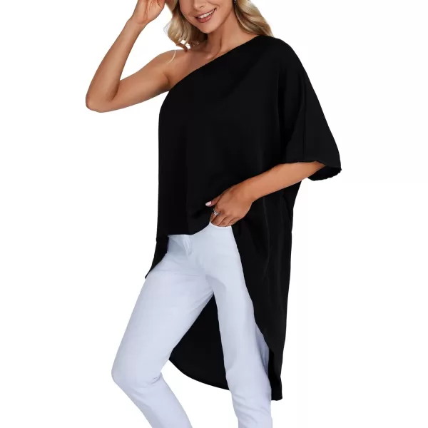 LYANER Women's One Shoulder Batwing Short Sleeve Blouse High Low Hem Long Shirt Top