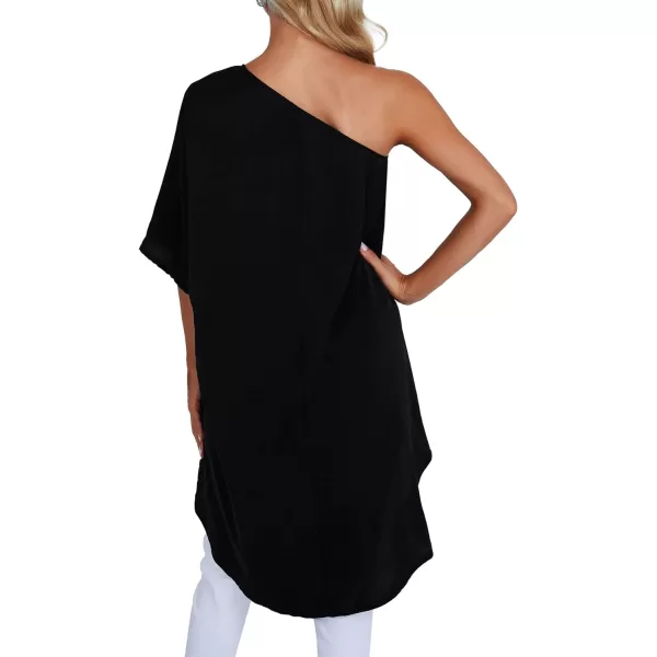 LYANER Women's One Shoulder Batwing Short Sleeve Blouse High Low Hem Long Shirt Top