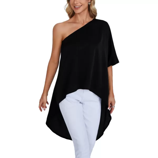 LYANER Women's One Shoulder Batwing Short Sleeve Blouse High Low Hem Long Shirt Top