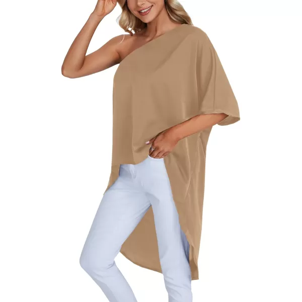 LYANER Women's One Shoulder Batwing Short Sleeve Blouse High Low Hem Long Shirt Top