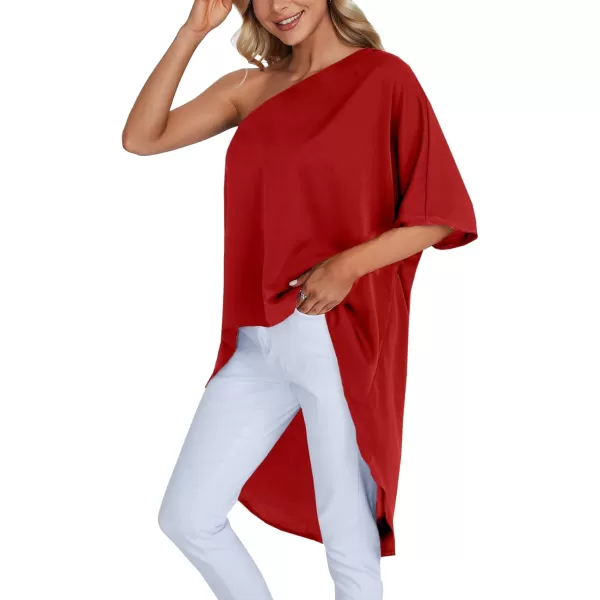 LYANER Women's One Shoulder Batwing Short Sleeve Blouse High Low Hem Long Shirt Top