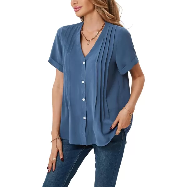 LYANER Women's Pleated Tops V Neck Short Sleeve Button Down Shirts Roll Up Sleeve Blouse