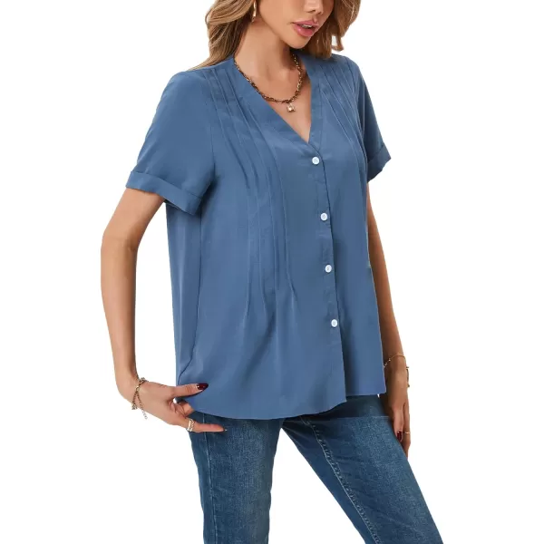 LYANER Women's Pleated Tops V Neck Short Sleeve Button Down Shirts Roll Up Sleeve Blouse