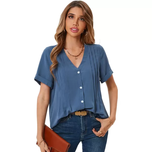 LYANER Women's Pleated Tops V Neck Short Sleeve Button Down Shirts Roll Up Sleeve Blouse