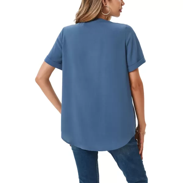 LYANER Women's Pleated Tops V Neck Short Sleeve Button Down Shirts Roll Up Sleeve Blouse