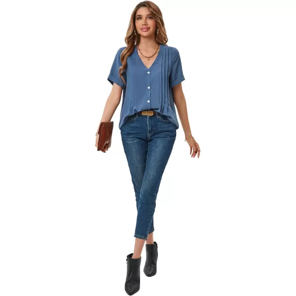 LYANER Women's Pleated Tops V Neck Short Sleeve Button Down Shirts Roll Up Sleeve Blouse