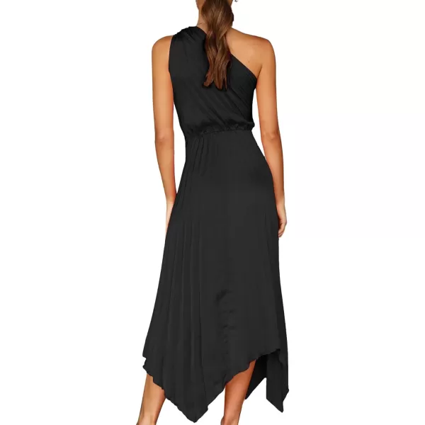 LYANER Women's Satin One Shoulder Sleeveless Twist Pleated Irregular Party Midi Dress
