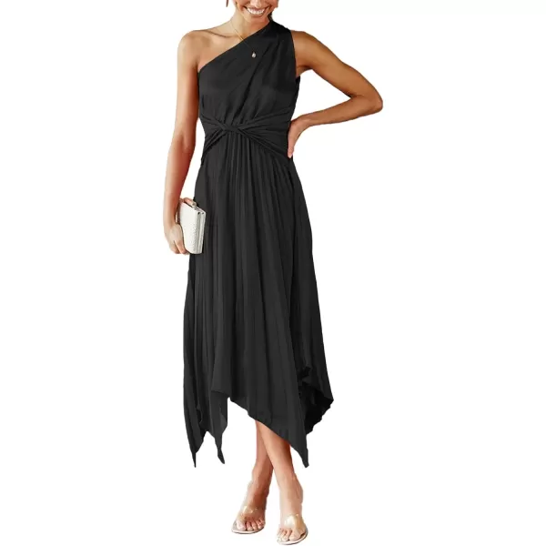 LYANER Women's Satin One Shoulder Sleeveless Twist Pleated Irregular Party Midi Dress