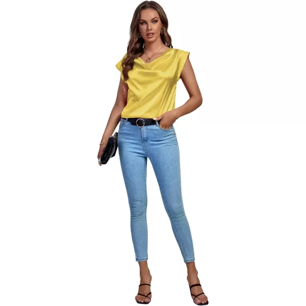 LYANER Women's Satin Silky Drape Cowl Neck Cap Sleeve Tank Tops Tunic Blouse Shirt
