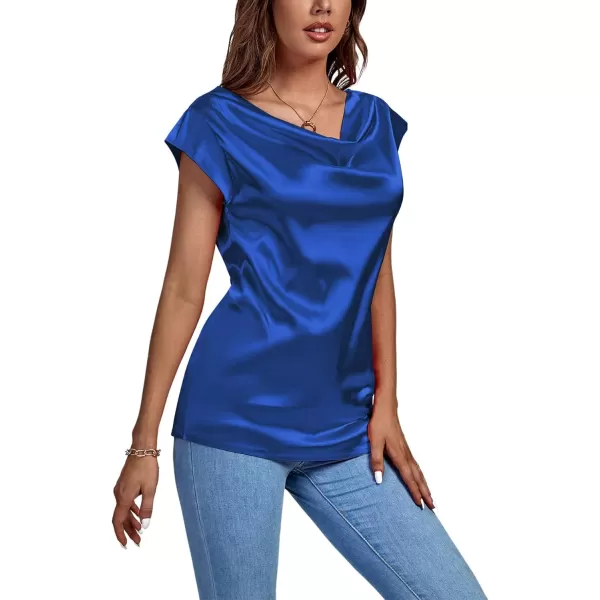 LYANER Women's Satin Silky Drape Cowl Neck Cap Sleeve Tank Tops Tunic Blouse Shirt