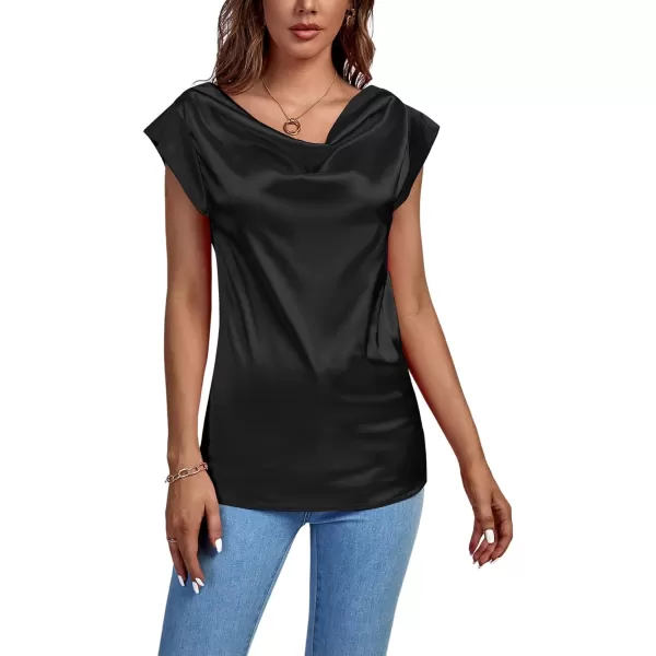 LYANER Women's Satin Silky Drape Cowl Neck Cap Sleeve Tank Tops Tunic Blouse Shirt