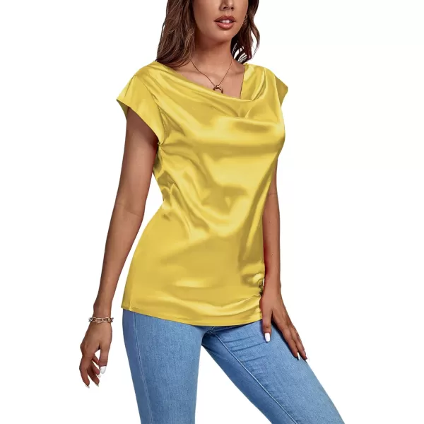 LYANER Women's Satin Silky Drape Cowl Neck Cap Sleeve Tank Tops Tunic Blouse Shirt